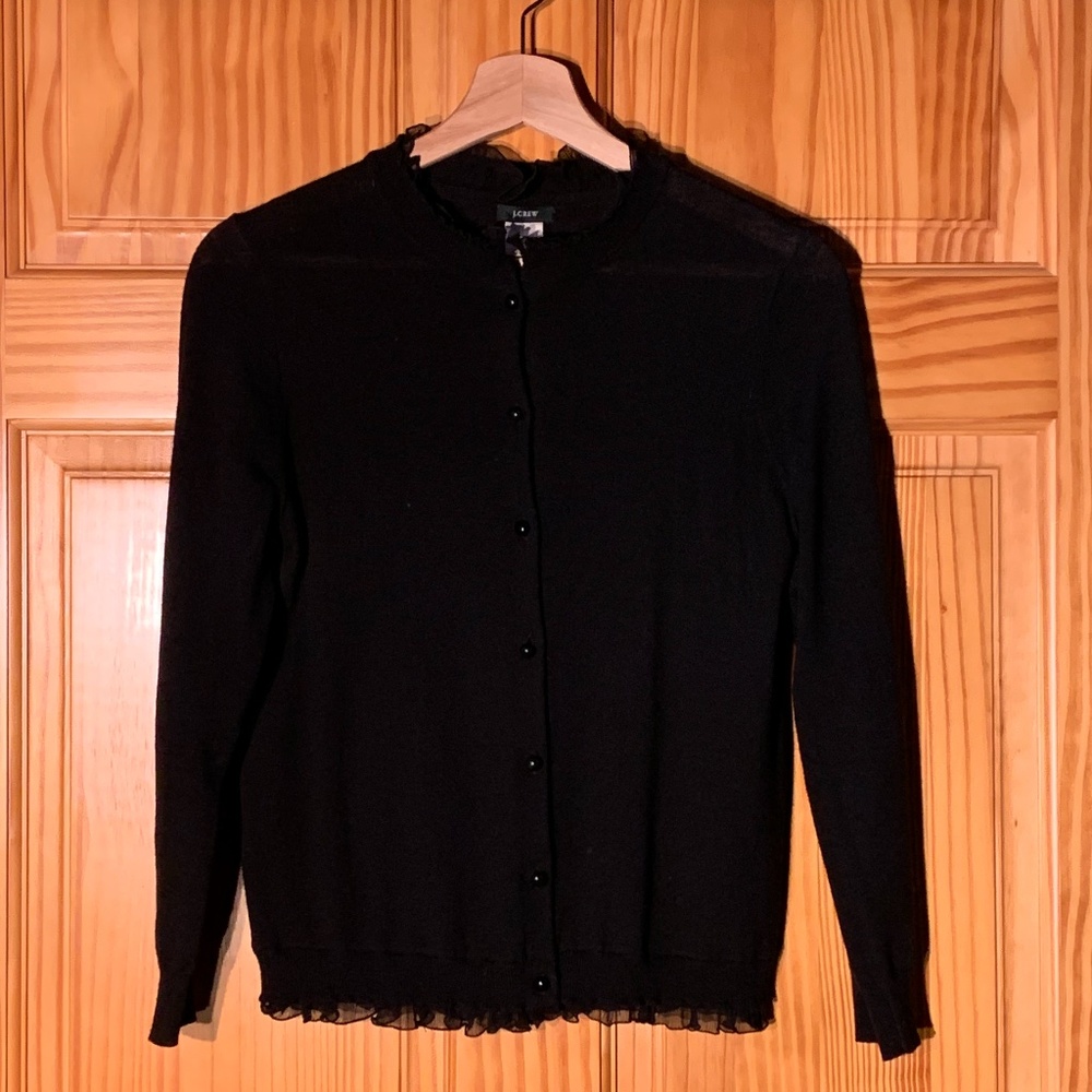 J. Crew wool cardigan black lettuce detail M